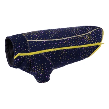 Eine gemütliche Hundefleecejacke in Marineblau mit bunten Punkten, mit einem gelben Reißverschluss und einer engen Passform für Wärme.