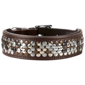 Stylische braune Leder-Hundehalsband, verziert mit metallischen Nieten in Silber, Gold und Bronze, das ein einzigartiges Design zeigt.
