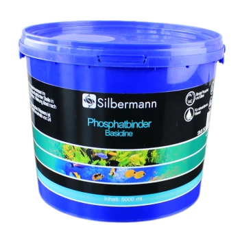 Blauer Behälter von Silbermann Phosphatbinder Basicline, 5000 ml, für den Aquariengebrauch, mit aquatischen Bildern und Produktdetails.