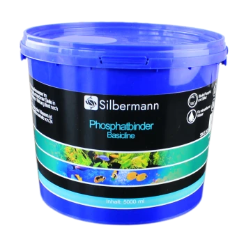 Blauer Behälter von Silbermann Phosphatbinder Basicline, 5000 ml, für den Aquariengebrauch, mit aquatischen Bildern und Produktdetails.