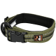 Grünes und schwarzes verstellbares Hundehalsband mit einem Kunststoffverschluss, einem Metall-D-Ring und dem Logo "Pet Creek Outdoor Gear."