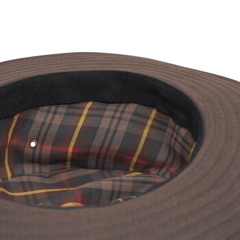 Brauner breitkrempiger Hut mit schwarzem Innenband und kariertem Stofffutter in Braun-, Gelb- und Rottönen.