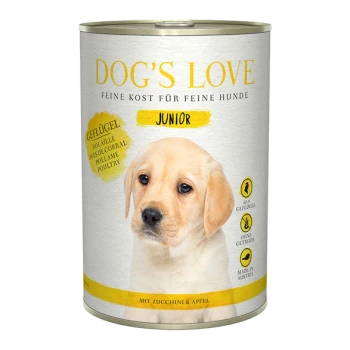 Hund's Love Junior Hundefutterdose, mit einem hellen Design und einem gelben Etikett. Die Zutaten umfassen Huhn, Zucchini und Apfel.