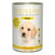 Boîte de nourriture pour chien Dog's Love Junior, présentant un design clair avec une étiquette jaune. Les ingrédients incluent du poulet, de la courgette et de la pomme.