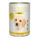 Hund's Love Junior Hundefutterdose, mit einem hellen Design und einem gelben Etikett. Die Zutaten umfassen Huhn, Zucchini und Apfel.