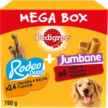 Pedigree Mega Box with 24 Rodeo Duos chicken & bacon and 4 Jumbone beef & poultry dog treats, 780g.