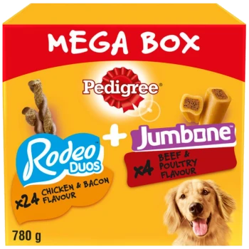 Pedigree Mega Box with 24 Rodeo Duos chicken & bacon and 4 Jumbone beef & poultry dog treats, 780g.
