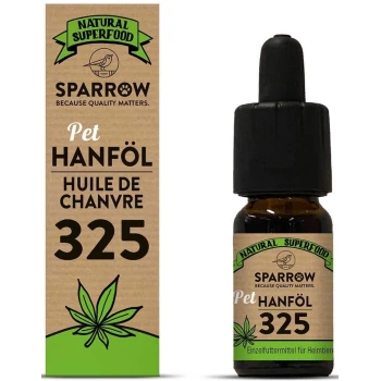 Bouteille d'huile de chanvre pour animaux de compagnie Sparrow (Hanföl) 325, étiquetée comme un super-aliment naturel pour animaux, avec des graphiques de feuilles vertes et un texte multilingue.