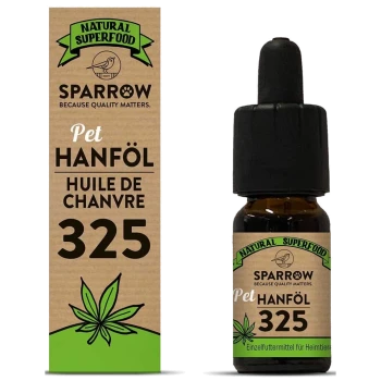 Flasche mit Sparrow Pet Hanföl (Hanföl) 325, gekennzeichnet als natürliches Superfood für Haustiere, mit grünen Blattgrafiken und mehrsprachigem Text.
