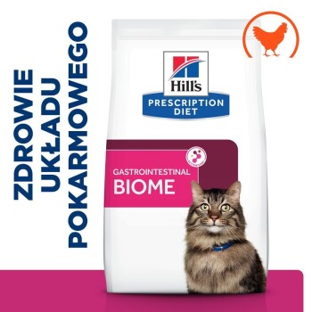 Torba karmy Hill's Prescription Diet Gastrointestinal Biome dla kotów z pręgowanym kotem, ikoną kurczaka i pionowym polskim tekstem.