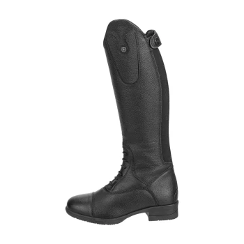 Schwarze Reitstiefel mit strukturiertem Finish, mit Schnürsenkeln vorne und einem hohen Schaft, entworfen für den Reitsport.