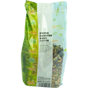 Zwerghamster Basisfutter 500g Sack Getzoo Zwerg Hamsterfutter mit Samen und Kräutern; enthält Zutaten, Nährstoffinformationen und Fütterungstipps auf Deutsch.