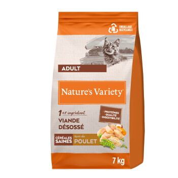 Sac de nourriture pour chat adulte Nature's Variety avec poulet désossé, céréales saines et bienfaits pour le pelage, la digestion et l'immunité, 7 kg.