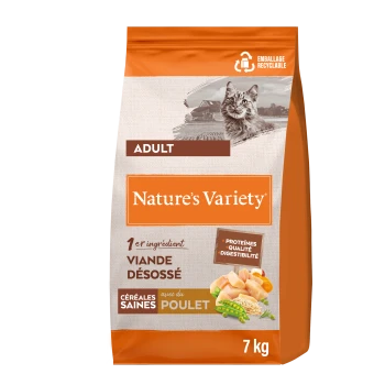 Sac de nourriture pour chat adulte Nature's Variety avec poulet désossé, céréales saines et bienfaits pour le pelage, la digestion et l'immunité, 7 kg.