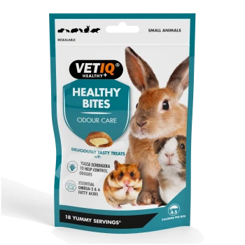 VETIQ Healthy Bites Odour Care pouch featuring rabbit, guinea pig and hamster; reads "18 yummy servings" and "4.5 calories per bite"