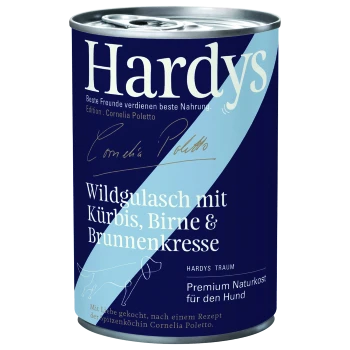 Puszka karmy dla psów oznaczona 'Hardys' z 'Wildgulasch mit Kürbis, Birne & Brunnenkresse', z podpisem Cornelii Poletto.