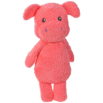 Plüschiger, rosa, schweinchenförmiger Hundespielzeug mit schwarzen Augen und violetten Nasenlöchern, aus weichem, strukturiertem Stoff.