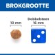 Afbeelding die de grootte van hondenvoerbrokjes vergelijkt met een blauwe dobbelsteen, met brokjes gelabeld als '10 mm' en dobbelsteen als '16 mm,' getiteld 'BROKGROOTTE.'