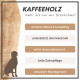 Bild von Kaffeholz Hundekauartikel mit Text: "extrem robust," "unterstützt das Kauen," "reduziert Stress," "natürliche Zahnpflege," "reduziert schlechten Atem."