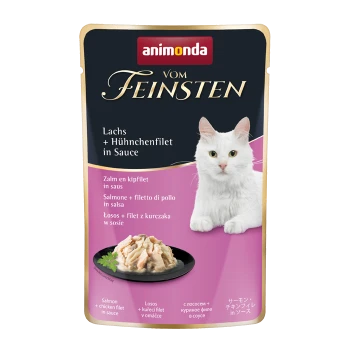 Katze Futterbeutel mit "Animonda vom Feinsten" mit Lachs und Hähnchenfilet in Sauce, begleitet von einem Bild einer weißen Katze.
