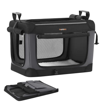 Tragbare Haustiertrage in Schwarz und Grau mit Netzfenstern und weichem Innenraum, gezeigt zusammen mit ihrer gefalteten Form.