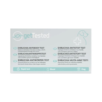 getTested-Box für Ehrlichia-Antikörper-Blut-Schnelltest für Hunde, Produktname und mehrsprachiger Anleitungstext sichtbar