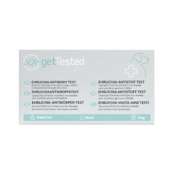 getTested-Box für Ehrlichia-Antikörper-Blut-Schnelltest für Hunde, Produktname und mehrsprachiger Anleitungstext sichtbar