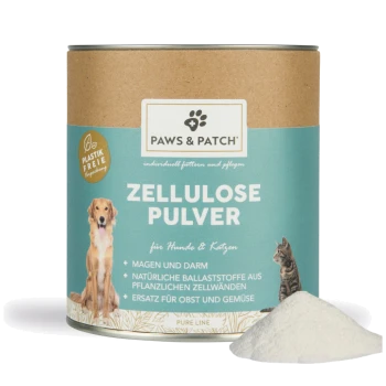 PAWS & PATCH Dose mit Aufdruck 'ZELLULOSE PULVER' für Hunde & Katzen, türkisfarbenes Etikett mit Hund- und Katzenbild und einem Haufen weißem Pulver
