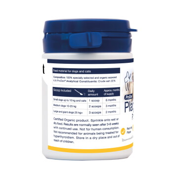 White pet supplement jar with blue lid labeled "Feed material for dogs and cats" showing dosing table with 1–3 scoops.