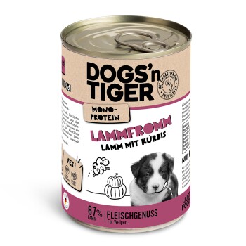 Dosen-Hundefutter mit der Aufschrift "DOGS'n TIGER" und "LAMMFROMM" (Lamm mit Kürbis), 67% Lamm, für Welpen geeignet.
