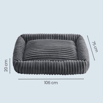 Dunkelgraues, Cordstoff-ähnliches rechteckiges Haustierbett mit gepolsterten, erhöhten Seiten, beschriftet 106 cm × 75 cm × 20 cm.