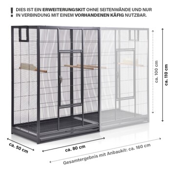 Metallvogelkäfig-Erweiterungsset (80x50x110 cm) mit Holzstangen; deutscher Text warnt, es mit einem bestehenden Käfig zu verwenden.