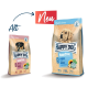 Zwei Taschen mit Happy Dog NaturCroq Tierfutter: eine für Welpen mit einem kleinen Hund, die andere mit einem Golden Retriever.