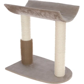 Kratzbaum Ambiance Ein beiger Katzenkratzbaum mit einer flachen oberen Plattform und zwei strukturierten Kratzpfosten, einer mit Sisal-Seil umwickelt und der andere mit stacheligem Material.