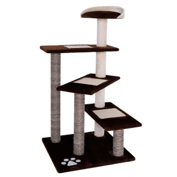 Kratzbaum, Höhe 100 cm braun Katzenbaum mit drei Plattformen und einem oberen Platz, ausgestattet mit Kratzpfosten und einem Pfotenabdruckdesign an der Basis.