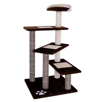 Katzenbaum mit drei Plattformen und einem oberen Platz, ausgestattet mit Kratzpfosten und einem Pfotenabdruckdesign an der Basis.
