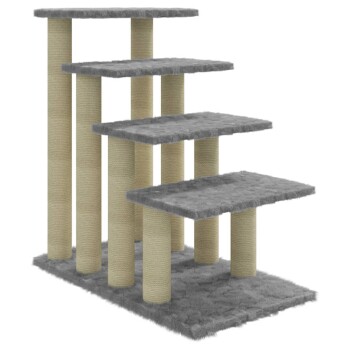 Grau Katzenbaum mit vier Plattformen und mit Sisal umwickelten Kratzpfosten, entworfen zum Klettern und Spielen.