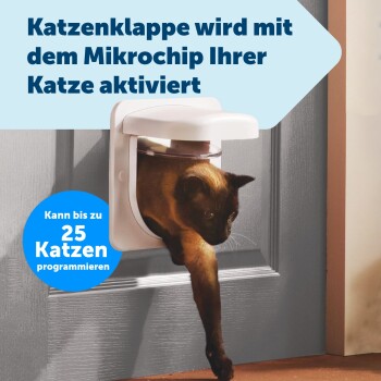 Eine Siamkatze greift durch eine Katzenklappe mit Text über die Aktivierung und Programmierung des Mikrochips für bis zu 25 Katzen.