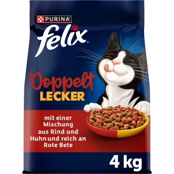 Purina Felix Katzenfutterbeutel zeigt eine lächelnde schwarz-weiße Katze mit einem Napf voller Kroketten, Text 'Doppelt Lecker' und '4 kg'