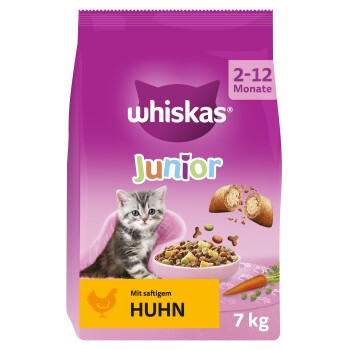 Whiskas Junior Katzenfuttertüte mit Kätzchen und Futterschale; sichtbarer Text: 2–12 Monate, Mit saftigem HUHN, 7 kg