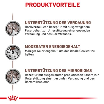 Produktvorteile auf Deutsch: "Verdauungsunterstützung" für Verdaulichkeit, "Moderater Energiegehalt" für Gewichtsmanagement, "Mikrobiom-Unterstützung."