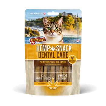 DeliBest Hemp Snack Dental Care Katzenleckerlibeutel mit Katzenbild und Hanfblatt; Hergestellt in der Schweiz, 83% Hähnchenfleisch.