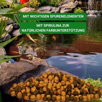 Fischfutterpellets, die vor einem Teich präsentiert werden, mit Text, der wichtige Spurenelemente und Spirulina zur Farbverbesserung hervorhebt.