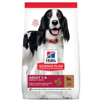 Sac de nourriture pour chiens Hill's Science Plan avec un chien noir et blanc, étiqueté 'Adult 1-6' pour les chiens de taille moyenne, avec de l'agneau et du riz.