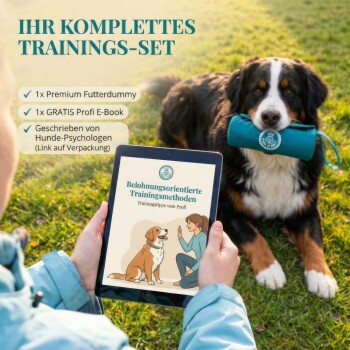 Eine türkisfarbene Trainingstasche für Hunde liegt auf einem Kiesweg, mit dem Text "EINE EXZELLENTE HILFE FÜR'S RÜCKRUFTRAINING" darüber.