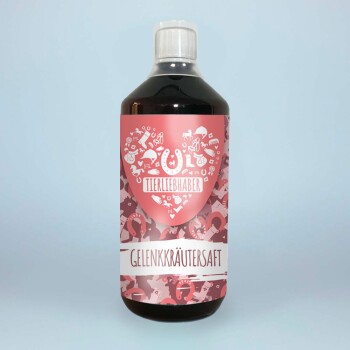 Eine Flasche Gelenkkrautersaft von der Marke Tierliebhaber, mit einem rosa Etikett mit Herzdesign und haustierbezogenen Symbolen.