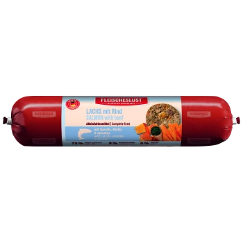 Rote Fleischeslust-Tiernahrungsrolle mit Aufschrift 'Lachs mit Rind / Salmon with beef', Alleinfuttermittel mit Karotte, Kürbis & Spirulina