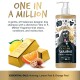Eine Flasche 'Bugalugs One In A Million Shampoo' für Hunde, mit einem Cartoon-Hund, Goldbarren und ätherischen Ölen wie Muskatnuss und Zitronenschale.