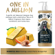 Eine Flasche 'Bugalugs One In A Million Shampoo' für Hunde, mit einem Cartoon-Hund, Goldbarren und ätherischen Ölen wie Muskatnuss und Zitronenschale.