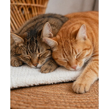 Getigerte und orangefarbene Katze schlafen nebeneinander auf einer weißen Decke über einer gewebten Matte.